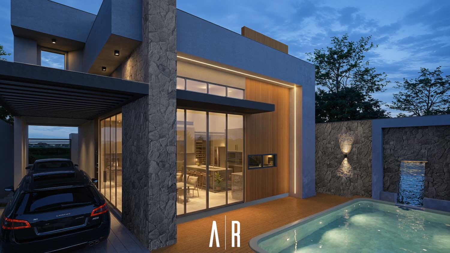 Projeto residencial noturno com pedra, madeira e piscina