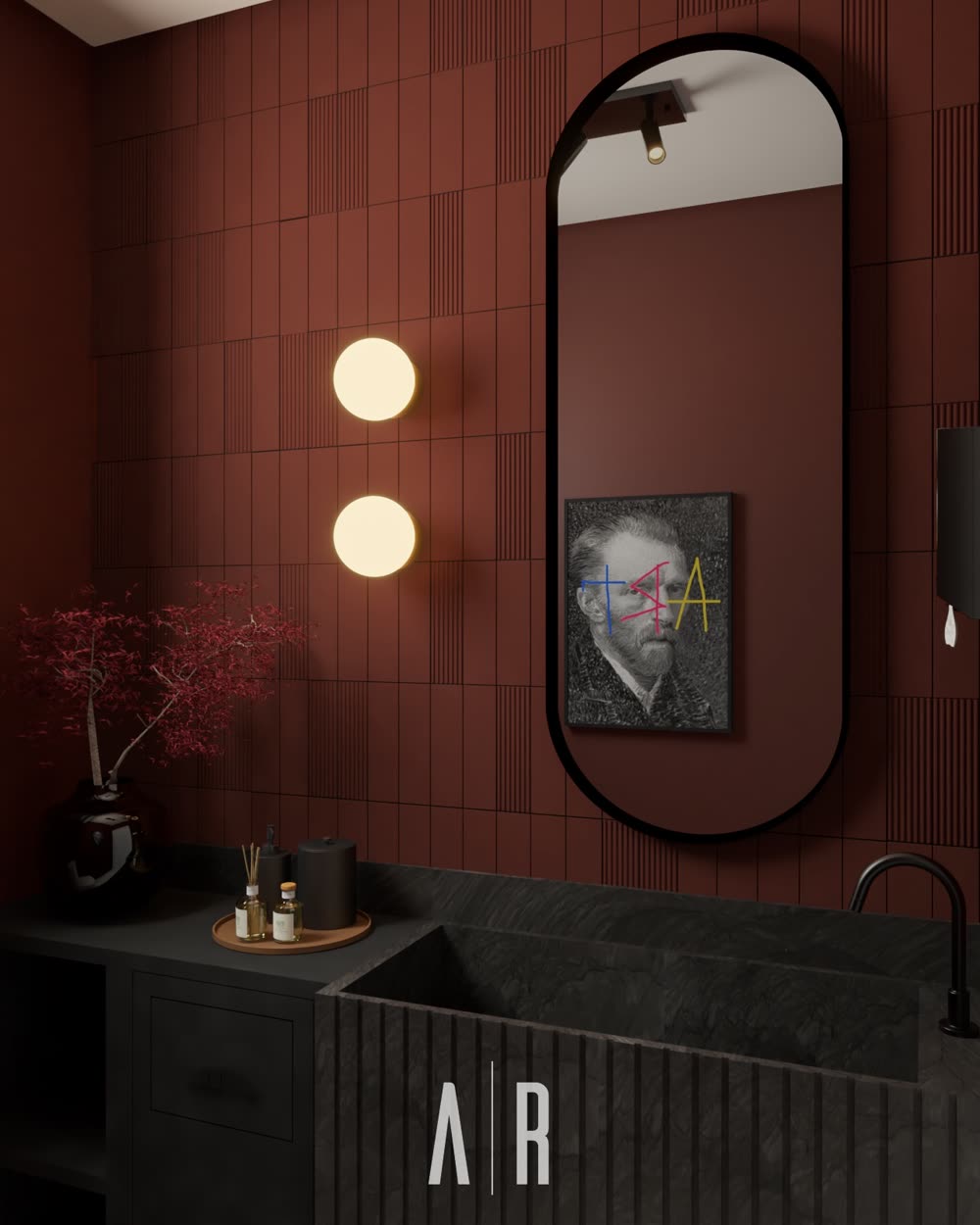 Banheiro em tons terrosos com espelhos retroiluminados