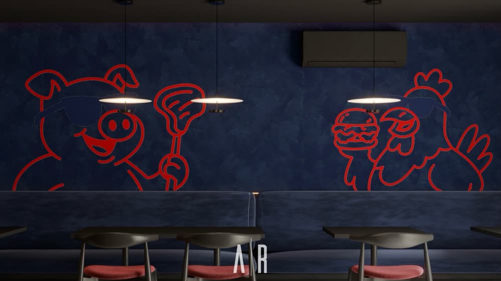 Interior comercial com mural neon vermelho